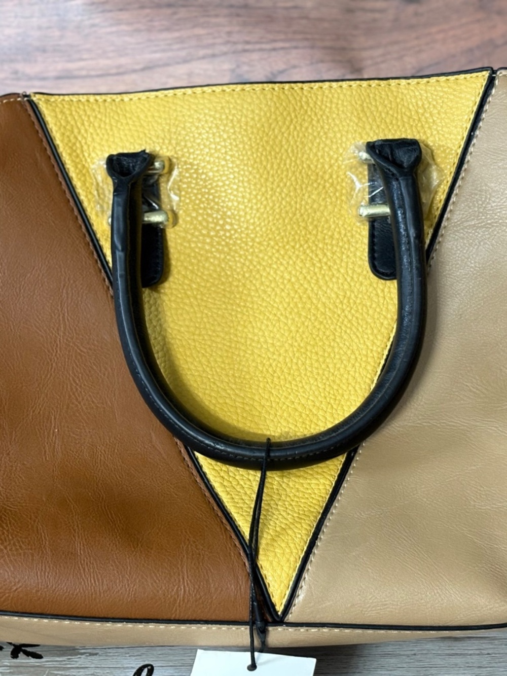 Steve Madden Tricolor Shoulder Bag Yellow, Brown, and Beige Faux Leather Panels.